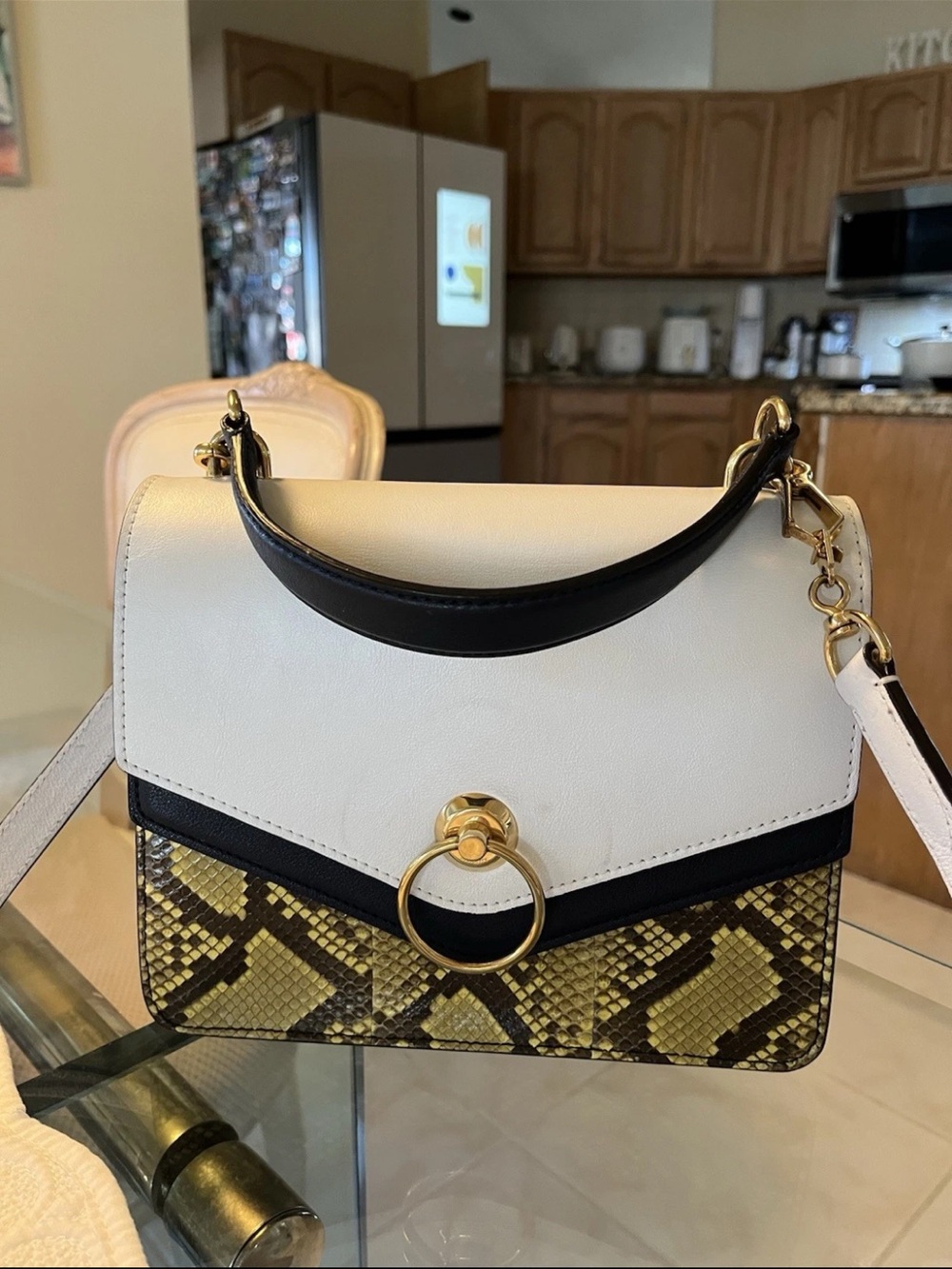 Mulberry White, Black and Yellow Snake-Print Shoulder Bag with Gold Ring